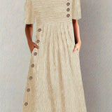 Hazel | Striped Midi Dress with Button Detail and Side Pockets