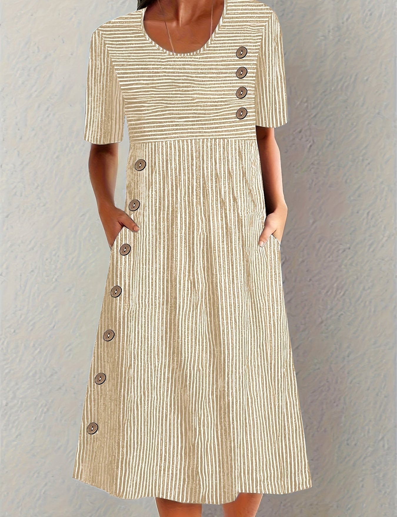 Hazel | Striped Midi Dress with Button Detail and Side Pockets