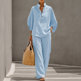 Azure | Wide-Leg Pants Set with Batwing Top and Stand Collar