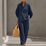 Azure | Wide-Leg Pants Set with Batwing Top and Stand Collar