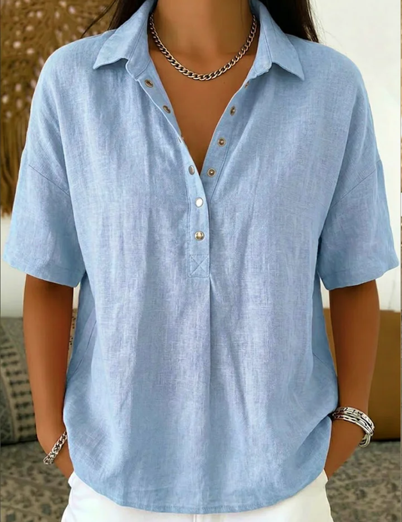 Nora | Short Sleeve Collared Blouse with Button Placket and Relaxed Fit