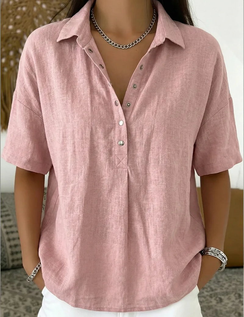 Nora | Short Sleeve Collared Blouse with Button Placket and Relaxed Fit