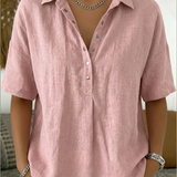 Nora | Short Sleeve Collared Blouse with Button Placket and Relaxed Fit
