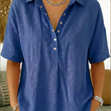 Nora | Short Sleeve Collared Blouse with Button Placket and Relaxed Fit