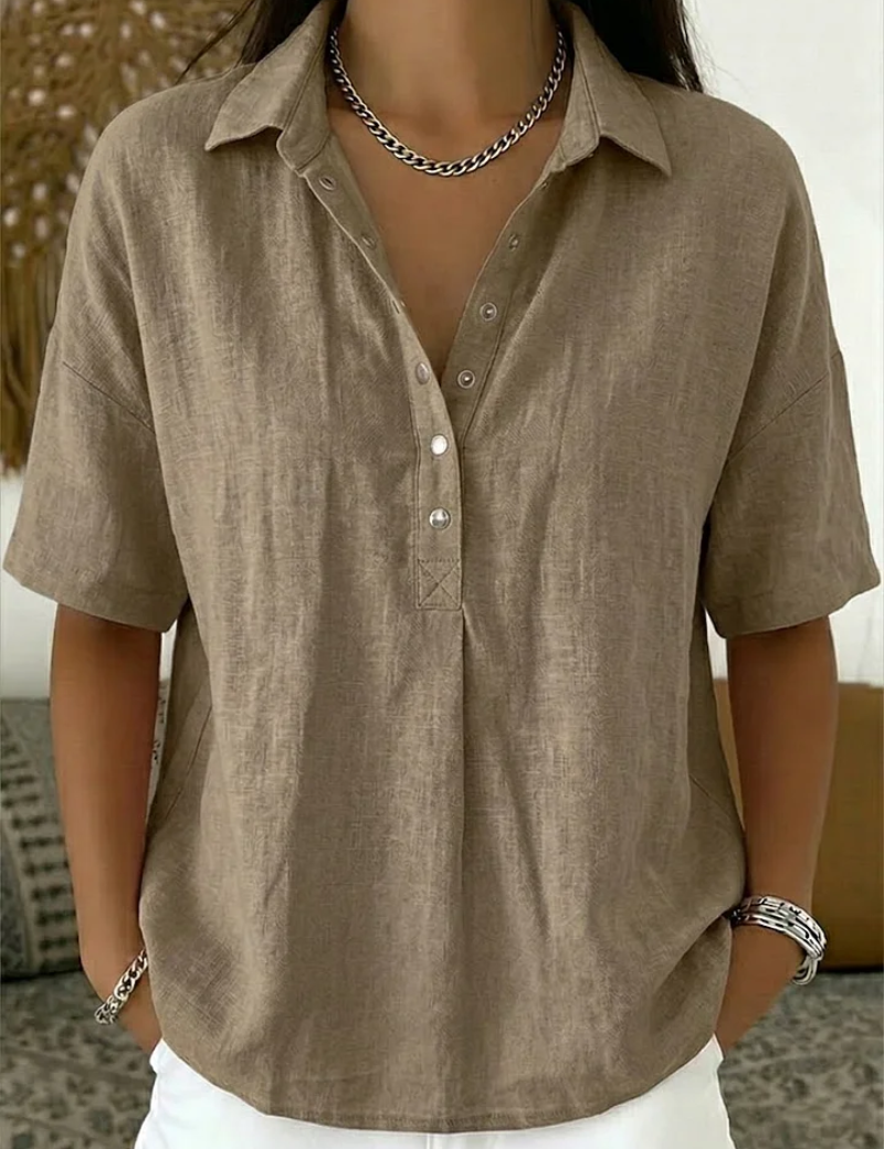 Nora | Short Sleeve Collared Blouse with Button Placket and Relaxed Fit