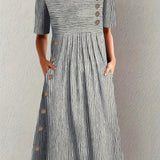 Hazel | Striped Midi Dress with Button Detail and Side Pockets