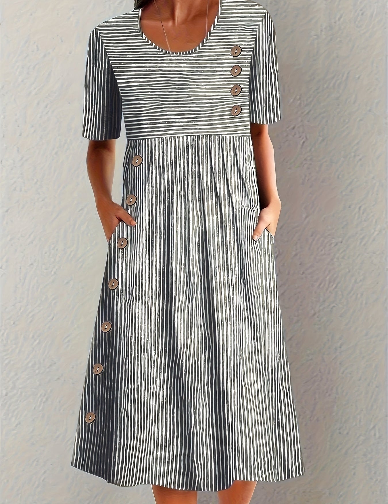 Hazel | Striped Midi Dress with Button Detail and Side Pockets