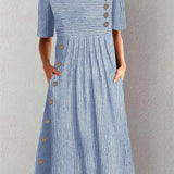 Hazel | Striped Midi Dress with Button Detail and Side Pockets