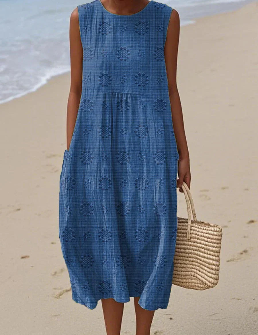 SANNE | Summer Midi Dress with Embroidery and Hidden Pockets