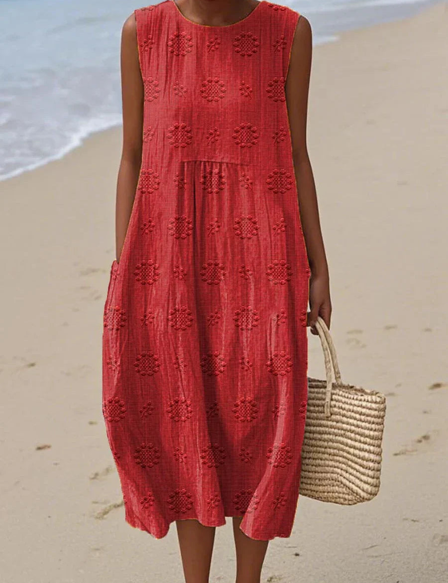 SANNE | Summer Midi Dress with Embroidery and Hidden Pockets
