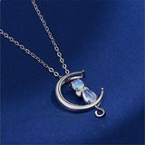 Necklace with moonstone in the shape of a crescent moon and cat